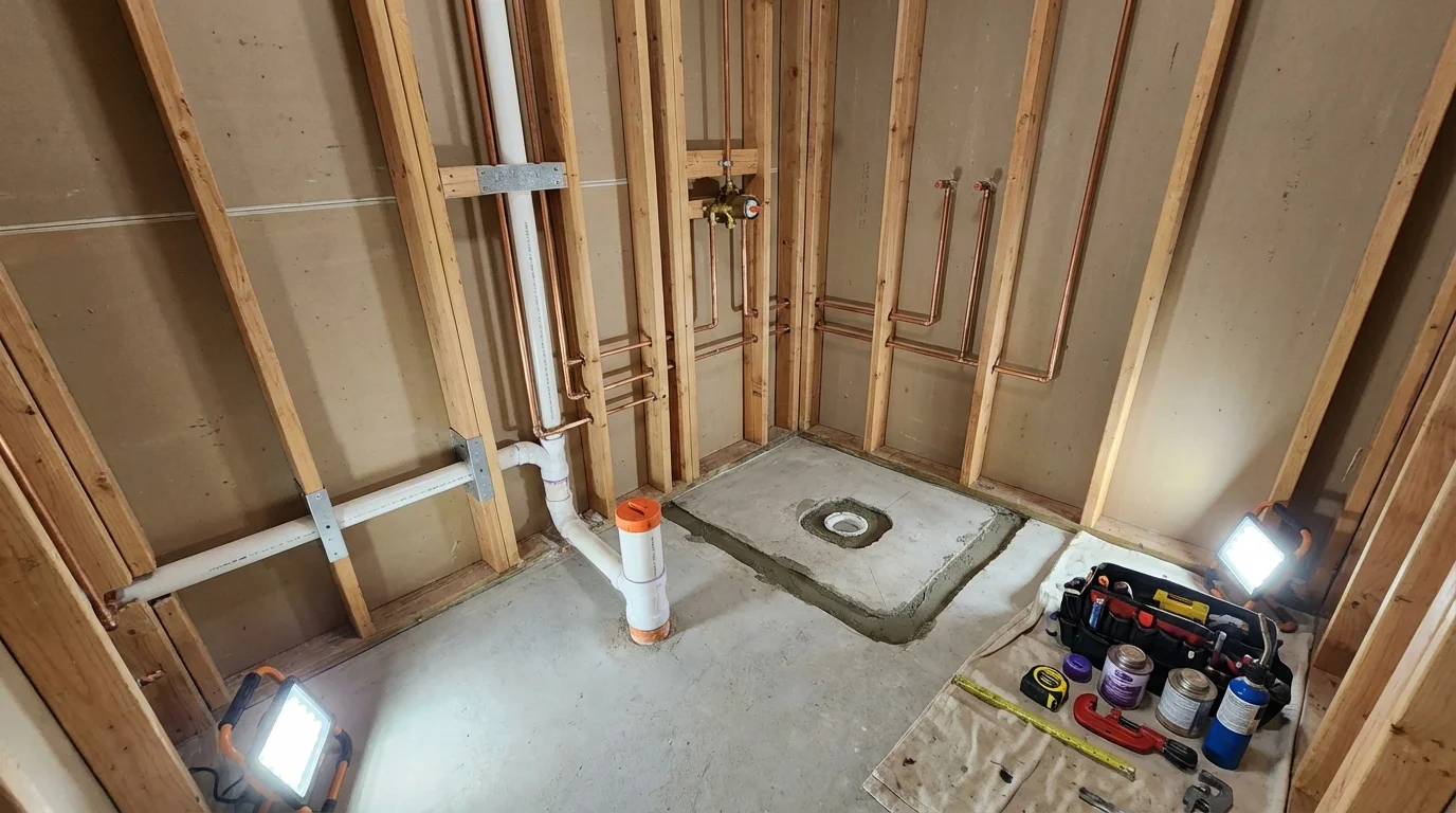 Bathroom rough-in plumbing during remodel by Johns Plumbing LLC in Blue Springs