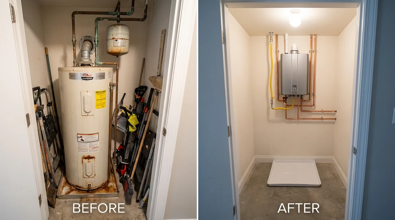 Tank water heater versus wall-mounted tankless unit comparison for Blue Springs, MO homeowners