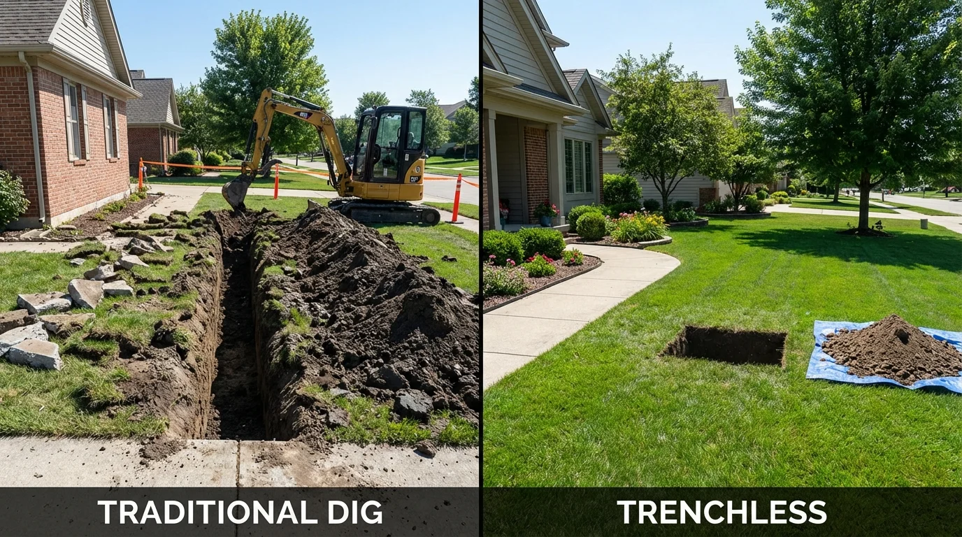 Trenchless sewer repair with minimal yard damage versus traditional excavation in Blue Springs, MO