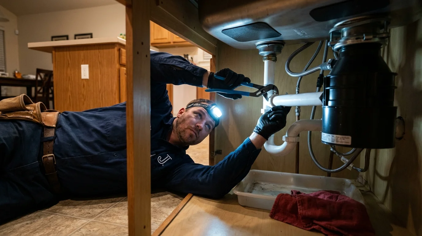 P-trap and supply line connections under a kitchen sink showing a common leak point in Blue Springs, MO